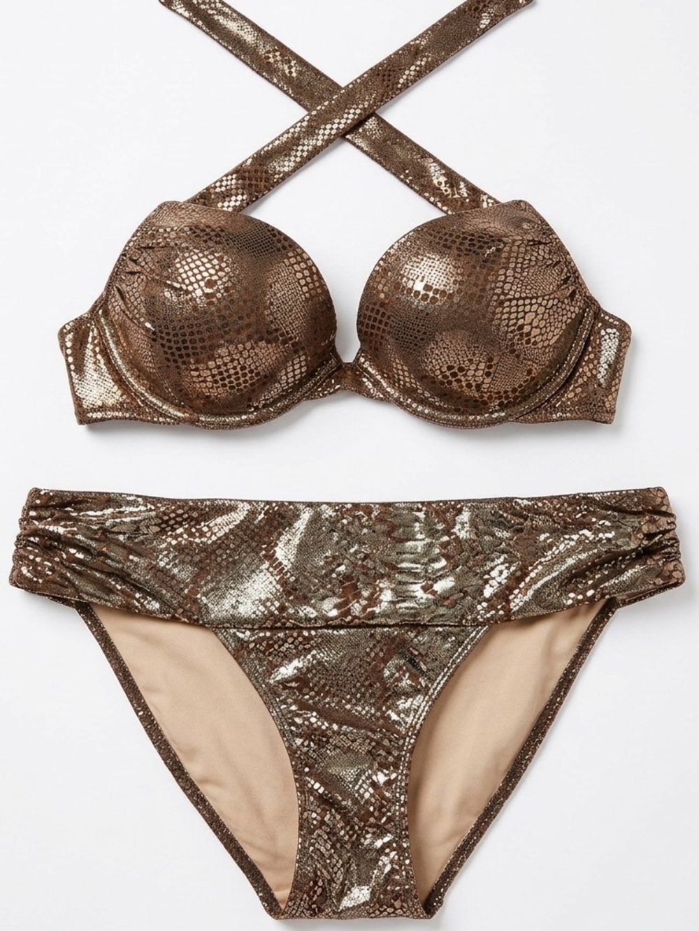 Victoria Secret Metallic Brown Snake-Print Padded Bikini Swim Suit Medium 34C